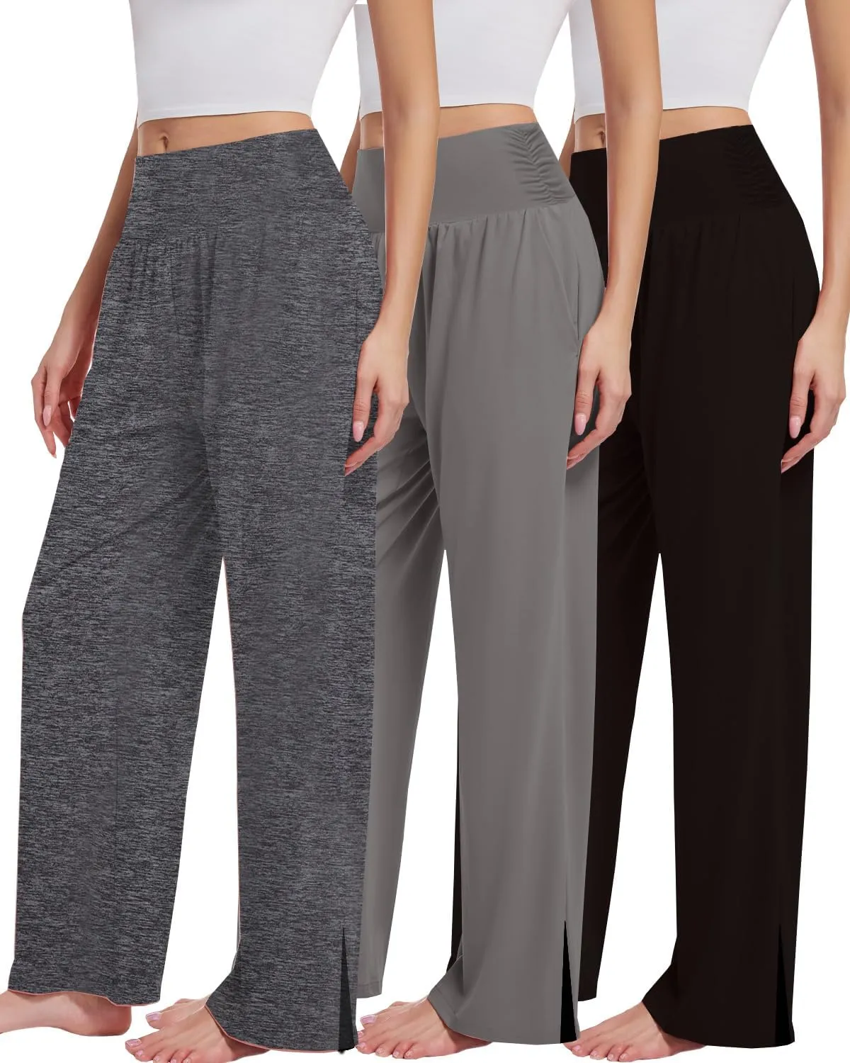 3PACK Womens Wide Leg Yoga Pants High Waisted Adjustable Tie Knot Joggers Loose Yoga Sweatpants Comfy Lounge Pajama