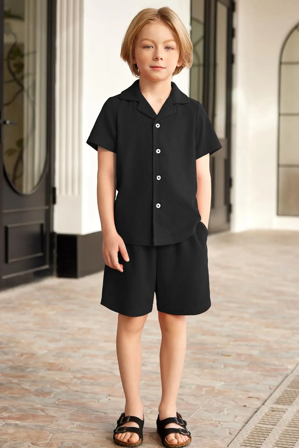 Arshiner Toddler Boys 2 Piece Summer Outfits Waffle Knit Short Sleeve Button Down Shirt & Casual Shorts Sets Size 2-7