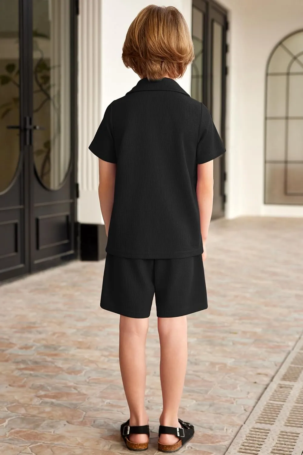Arshiner Toddler Boys 2 Piece Summer Outfits Waffle Knit Short Sleeve Button Down Shirt & Casual Shorts Sets Size 2-7