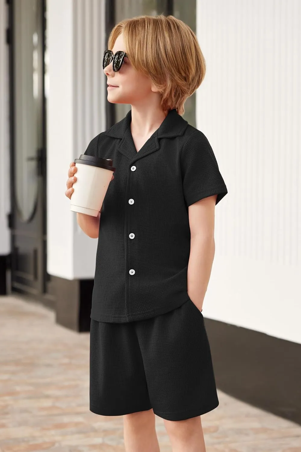 Arshiner Toddler Boys 2 Piece Summer Outfits Waffle Knit Short Sleeve Button Down Shirt & Casual Shorts Sets Size 2-7