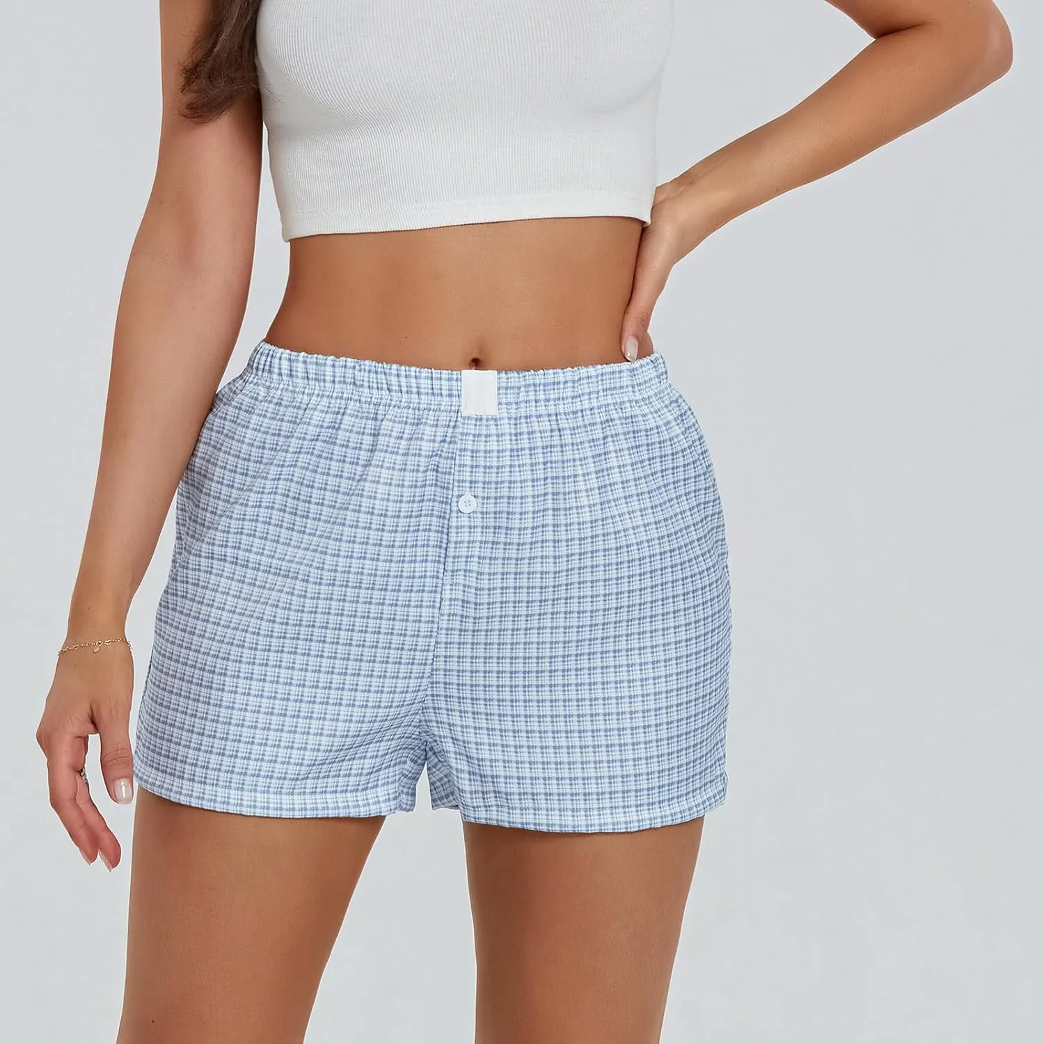 Button Front Boxer Shorts for Women Y2K Elastic Waist Gingham Plaid Pajama Micro Shorts Loose Fit Striped Lounge Bottoms