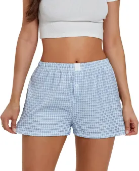 Button Front Boxer Shorts for Women Y2K Elastic Waist Gingham Plaid Pajama Micro Shorts Loose Fit Striped Lounge Bottoms