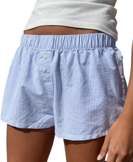 Button Front Boxer Shorts for Women Y2K Elastic Waist Gingham Plaid Pajama Micro Shorts Loose Fit Striped Lounge Bottoms