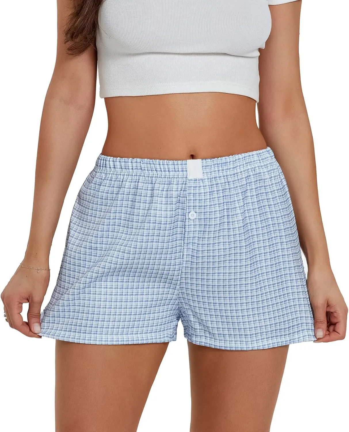 Button Front Boxer Shorts for Women Y2K Elastic Waist Gingham Plaid Pajama Micro Shorts Loose Fit Striped Lounge Bottoms