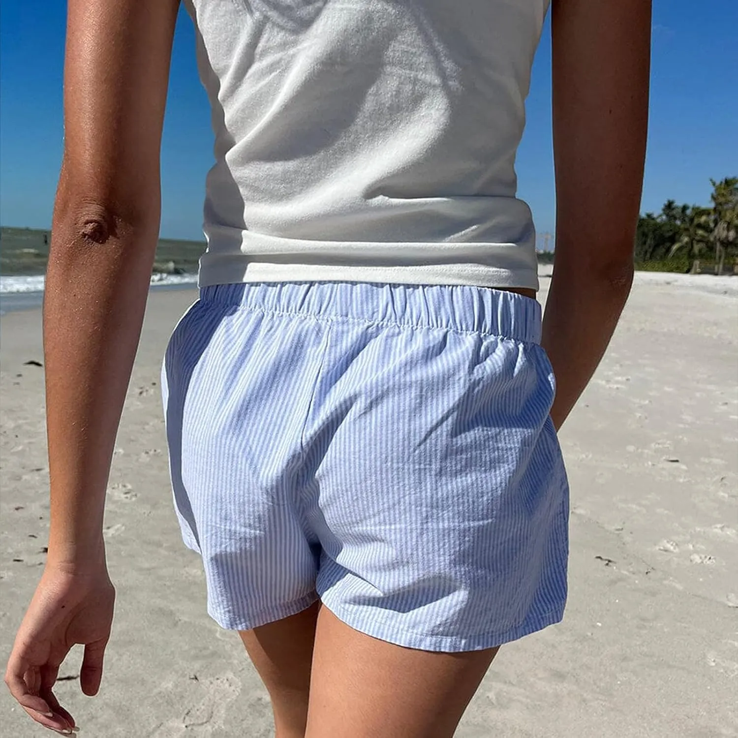 Button Front Boxer Shorts for Women Y2K Elastic Waist Gingham Plaid Pajama Micro Shorts Loose Fit Striped Lounge Bottoms