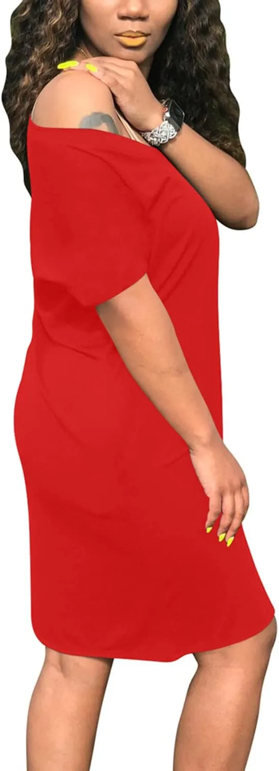 cailami Women's Summer V Neck Short Sleeve Midi Tshirt Dresses Casual Tunic Dress with Pockets