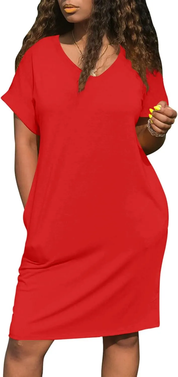 cailami Women's Summer V Neck Short Sleeve Midi Tshirt Dresses Casual Tunic Dress with Pockets