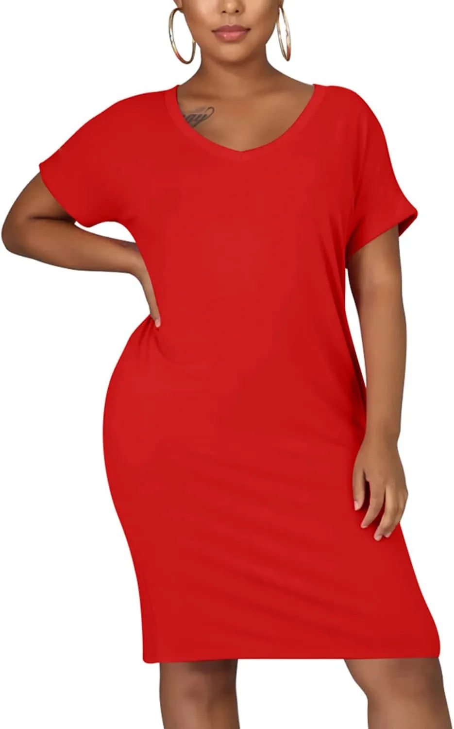 cailami Women's Summer V Neck Short Sleeve Midi Tshirt Dresses Casual Tunic Dress with Pockets