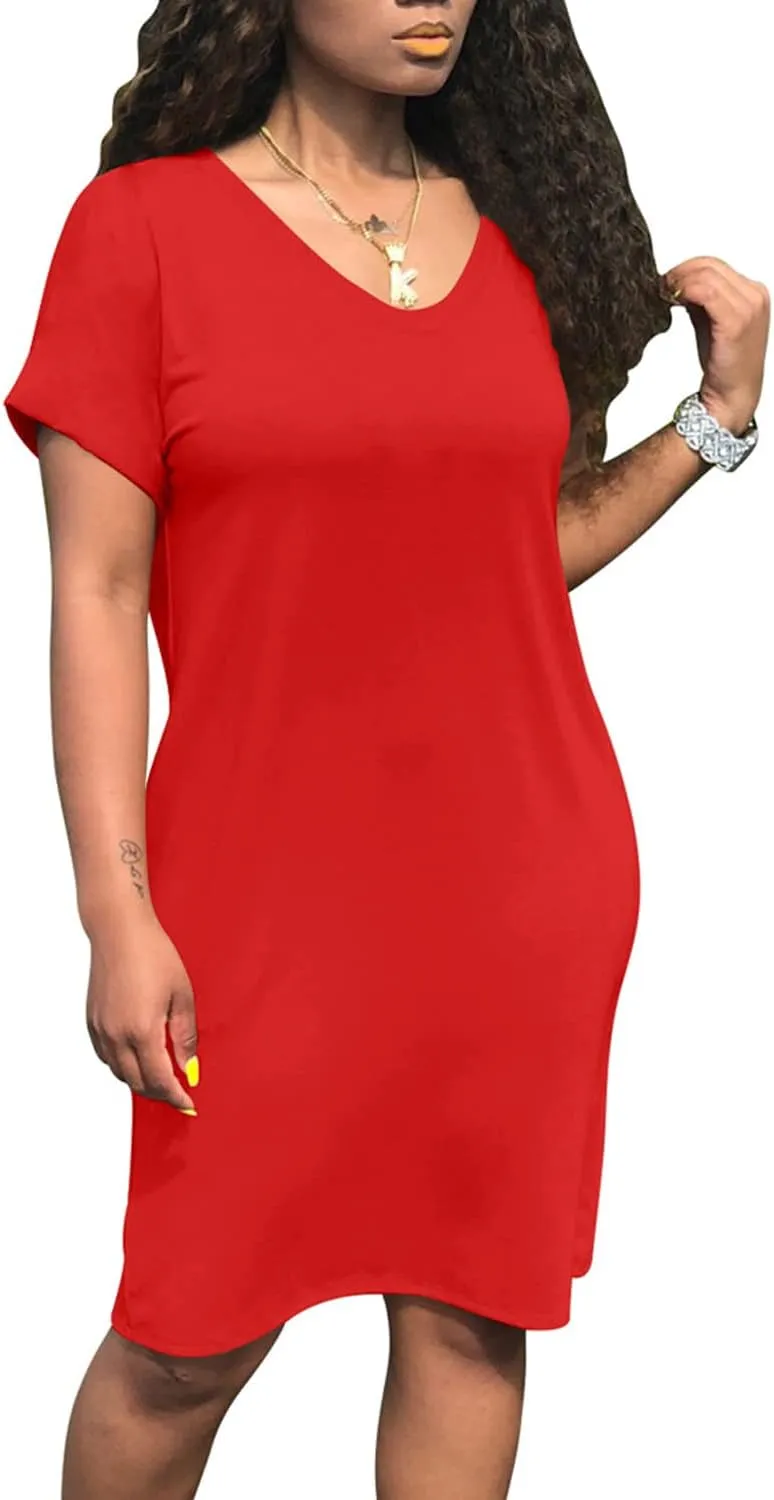 cailami Women's Summer V Neck Short Sleeve Midi Tshirt Dresses Casual Tunic Dress with Pockets