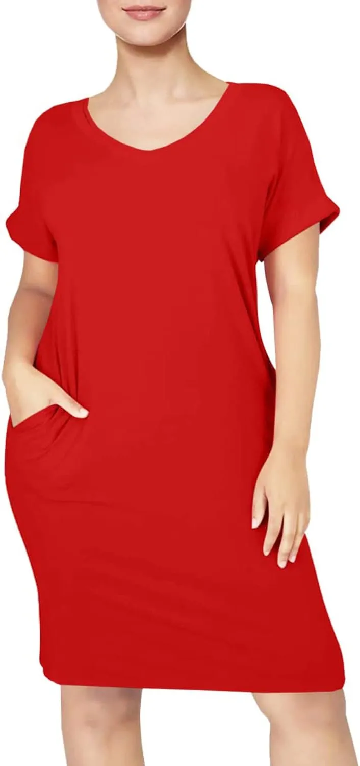 cailami Women's Summer V Neck Short Sleeve Midi Tshirt Dresses Casual Tunic Dress with Pockets
