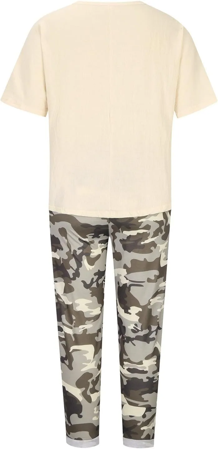 Cotton Linen Sets for Women 2 Piece Dressy Outfits Plus Size Matching Sets Short Sleeve Graphic Tees Camo Capri Pants