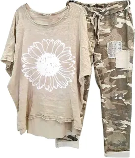 Cotton Linen Sets for Women 2 Piece Dressy Outfits Plus Size Matching Sets Short Sleeve Graphic Tees Camo Capri Pants