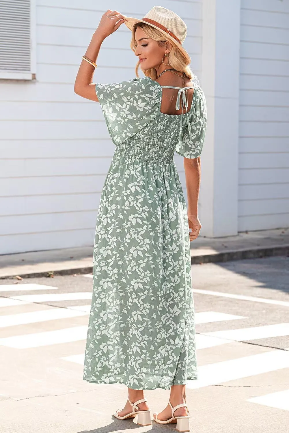 Dokotoo Womens Dresses 2025 Square Neck Tie Backless Summer Dresses Cap Sleeve Floral Buttoned Empire Waist Maxi Dress