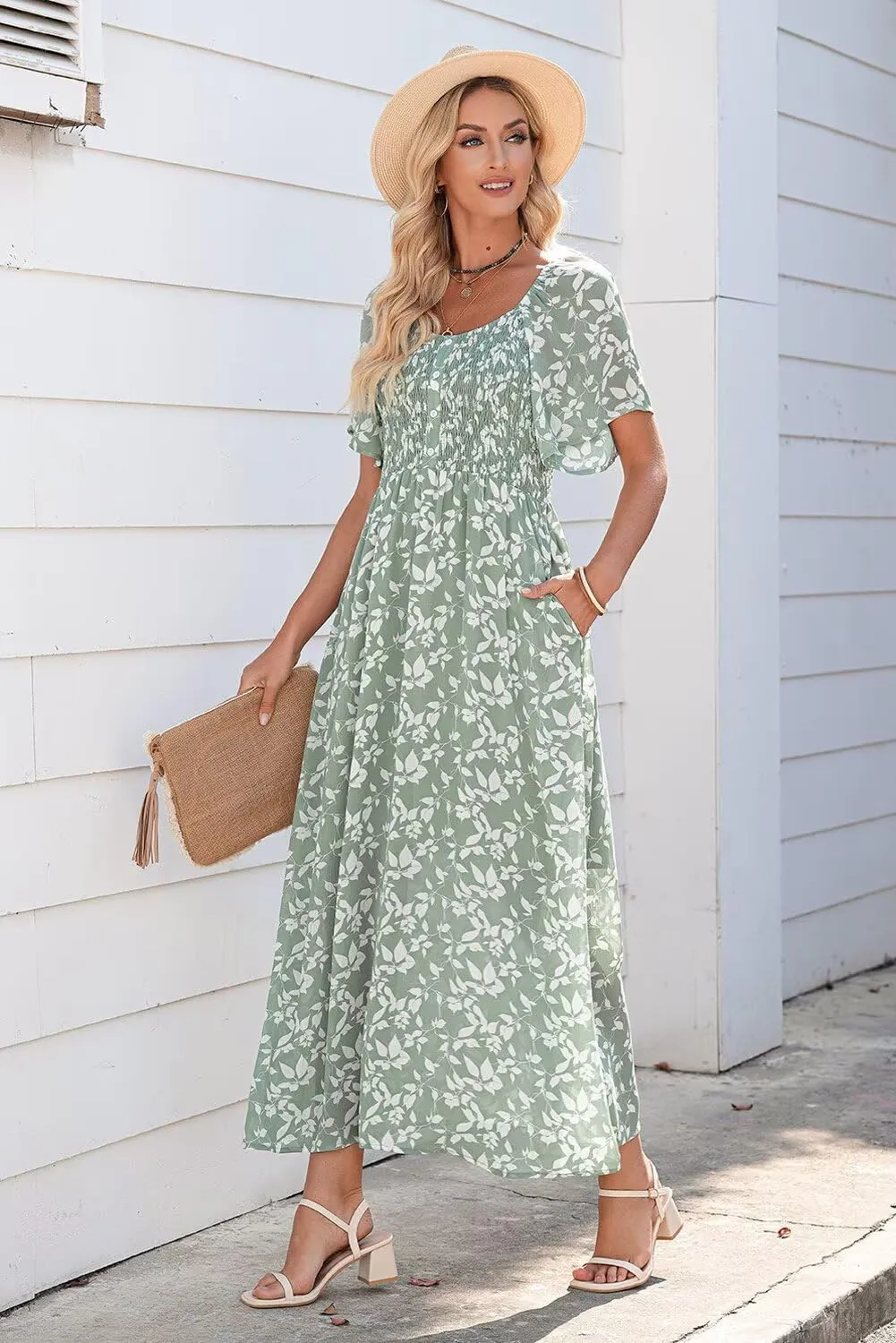 Dokotoo Womens Dresses 2025 Square Neck Tie Backless Summer Dresses Cap Sleeve Floral Buttoned Empire Waist Maxi Dress