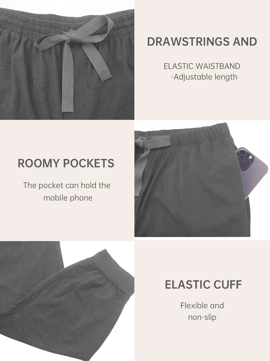 EA'S SECRET Men's 100% Cotton Pajama Bottoms Stretch Waist Soft Drawstring Sleep Lounge Pj Pants with Pockets