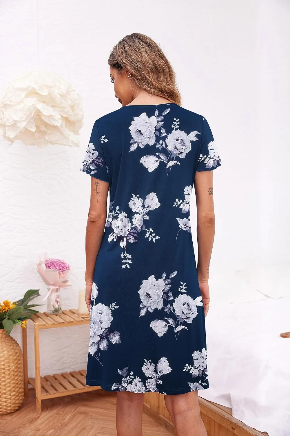 Ekouaer 2 Pack Nightgowns for Women Button Down Night Shirts Short Sleeve Sleep Shirts V Neck Sleepwear Pajama Dress