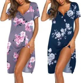 Ekouaer 2 Pack Nightgowns for Women Button Down Night Shirts Short Sleeve Sleep Shirts V Neck Sleepwear Pajama Dress