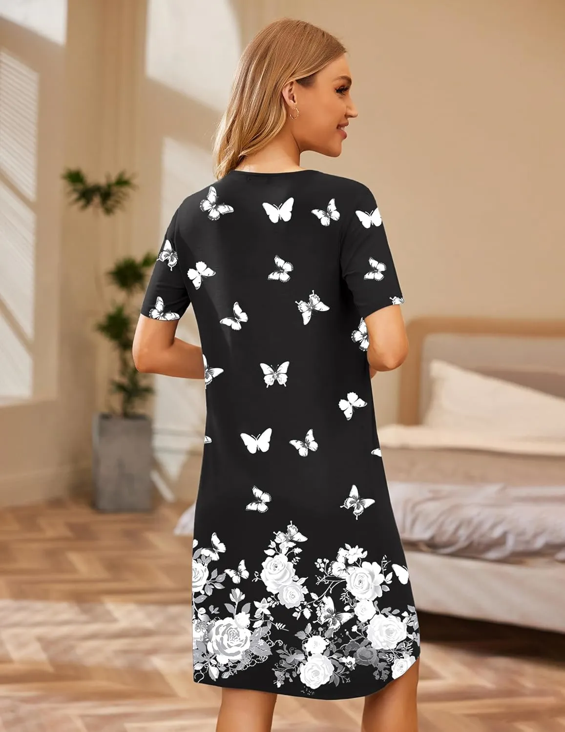 Ekouaer House Dresses for Women Button Down Nightgowns Short Sleeve Pleated Snap Front Mumu Dress S-2XL
