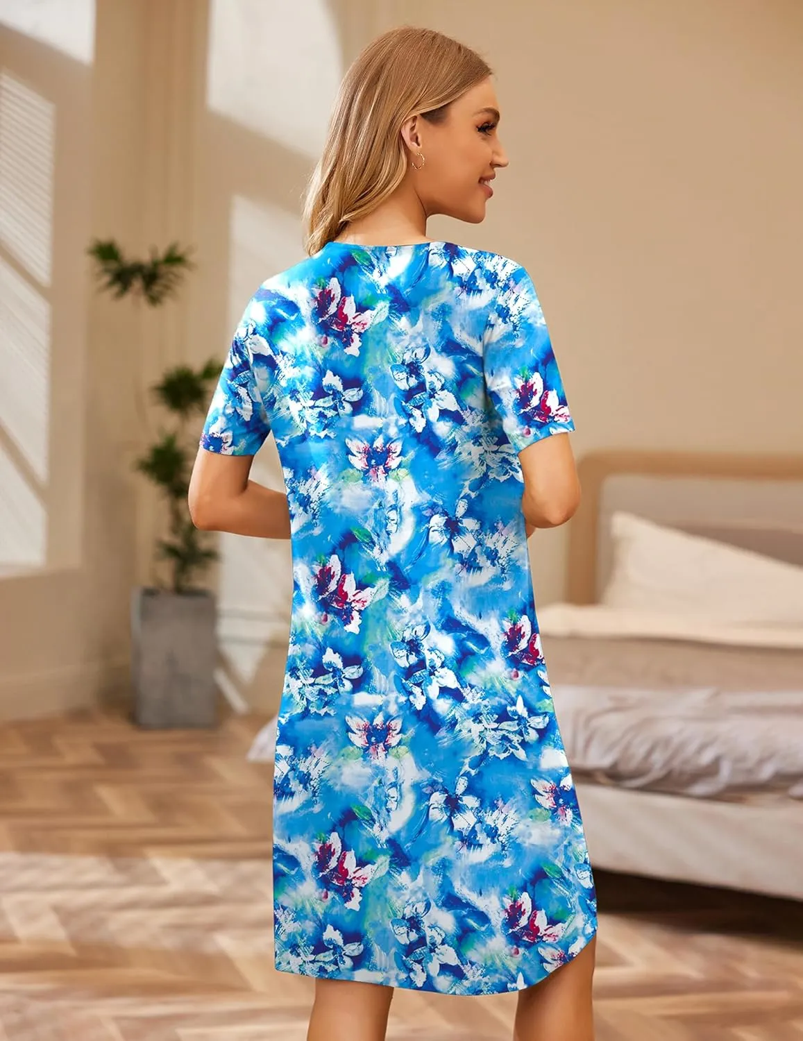 Ekouaer House Dresses for Women Button Down Nightgowns Short Sleeve Pleated Snap Front Mumu Dress S-2XL