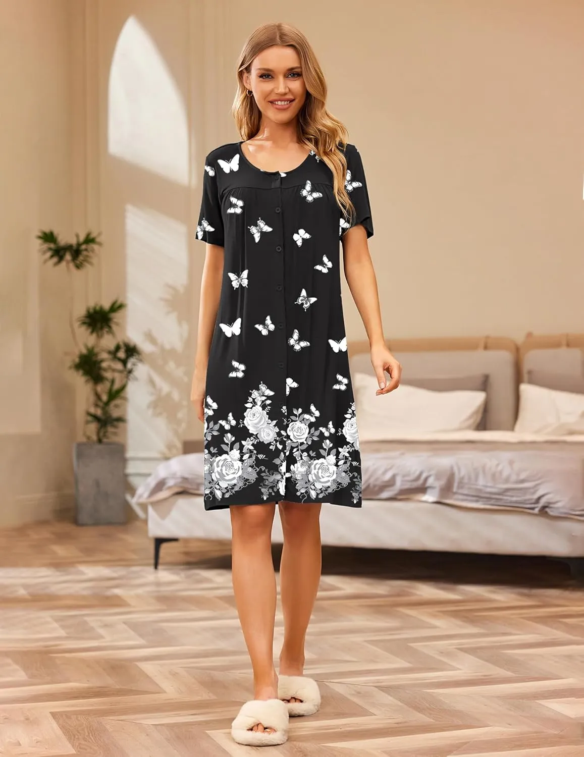 Ekouaer House Dresses for Women Button Down Nightgowns Short Sleeve Pleated Snap Front Mumu Dress S-2XL