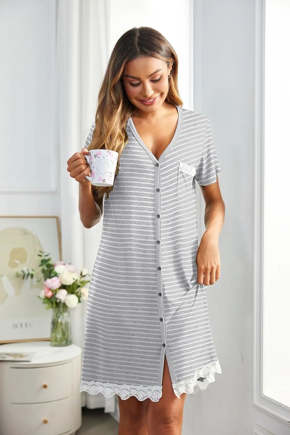 Ekouaer Women Striped Nightgowns Button Down Sleepshirts Short Sleeves Nightshirts