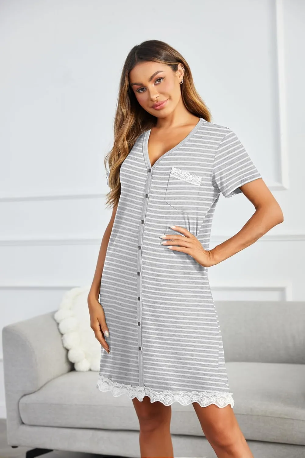 Ekouaer Women Striped Nightgowns Button Down Sleepshirts Short Sleeves Nightshirts