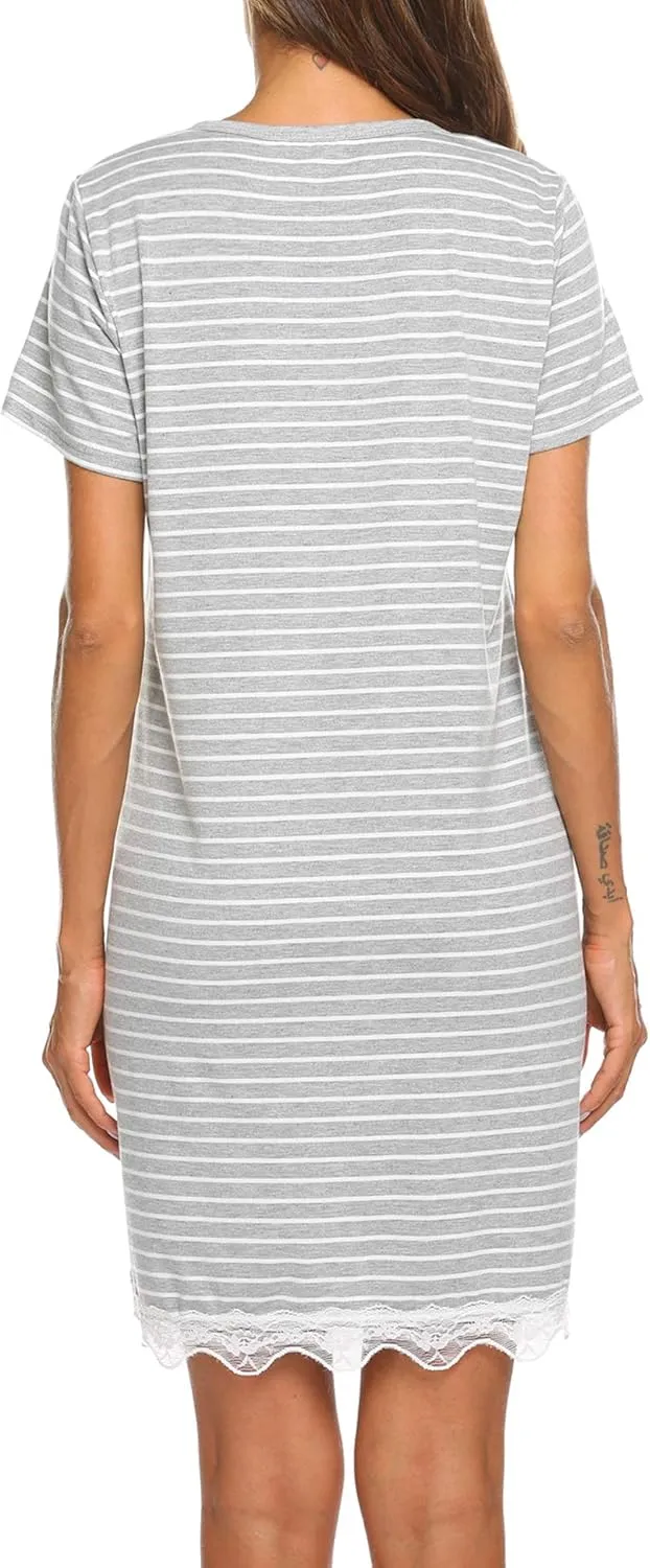 Ekouaer Women Striped Nightgowns Button Down Sleepshirts Short Sleeves Nightshirts