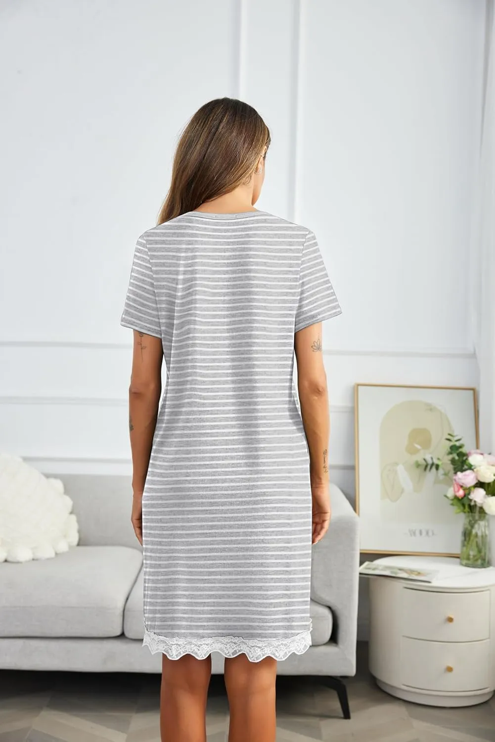 Ekouaer Women Striped Nightgowns Button Down Sleepshirts Short Sleeves Nightshirts