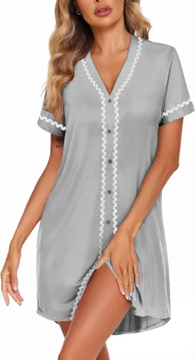 Ekouaer Womens Nightgown Button Down Sleepshirt Short Sleeve Nightshirt V Neck Sleepwear Pajama Dress