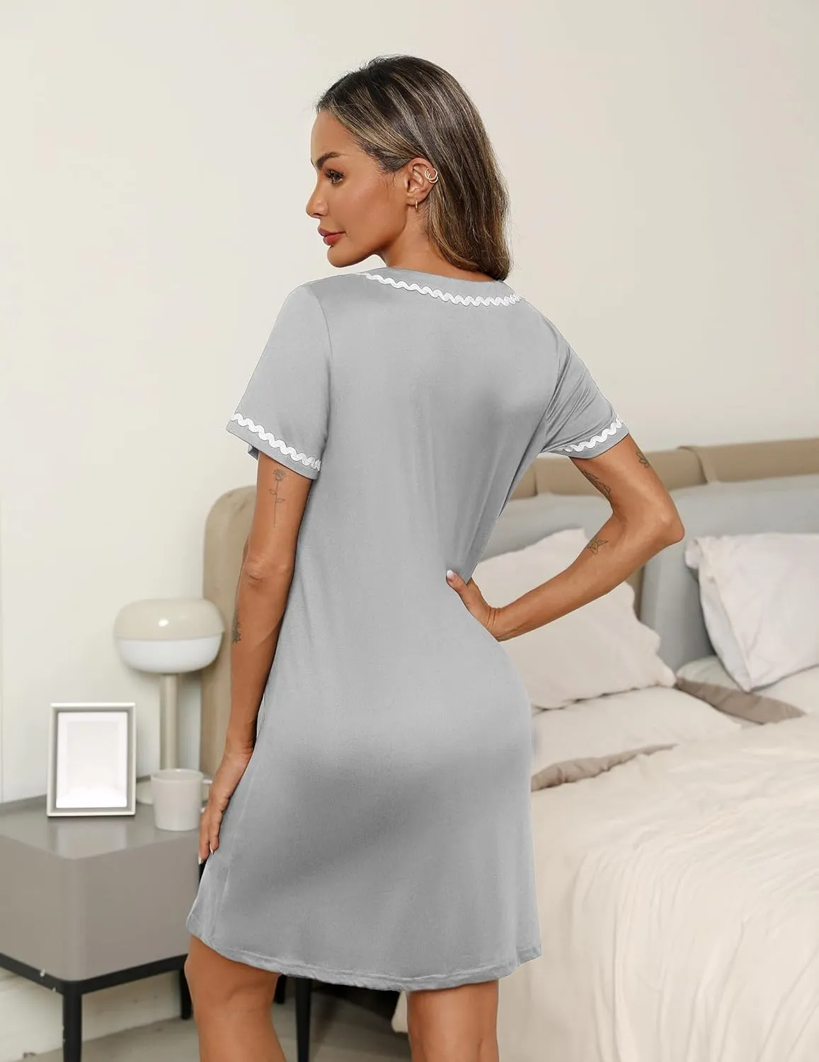 Ekouaer Womens Nightgown Button Down Sleepshirt Short Sleeve Nightshirt V Neck Sleepwear Pajama Dress