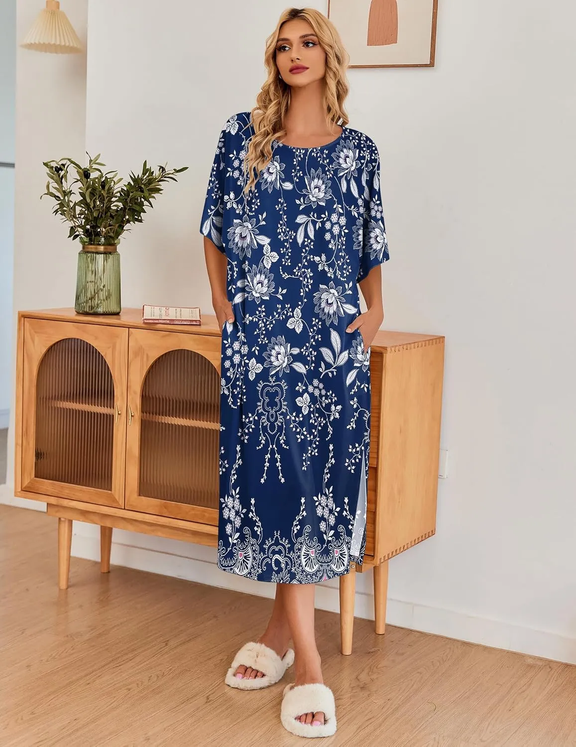 Ekouaer Women's Nightgown Short Sleeve Sleepshirt Long Loungewear Casual Maxi Lounge Dress House Dresses with Pockets