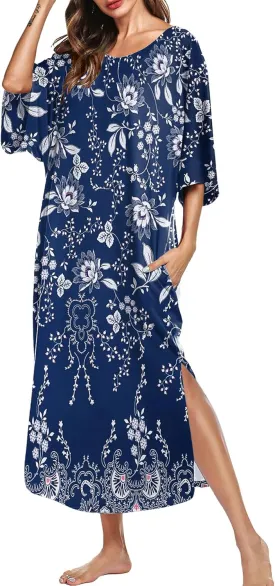 Ekouaer Women's Nightgown Short Sleeve Sleepshirt Long Loungewear Casual Maxi Lounge Dress House Dresses with Pockets