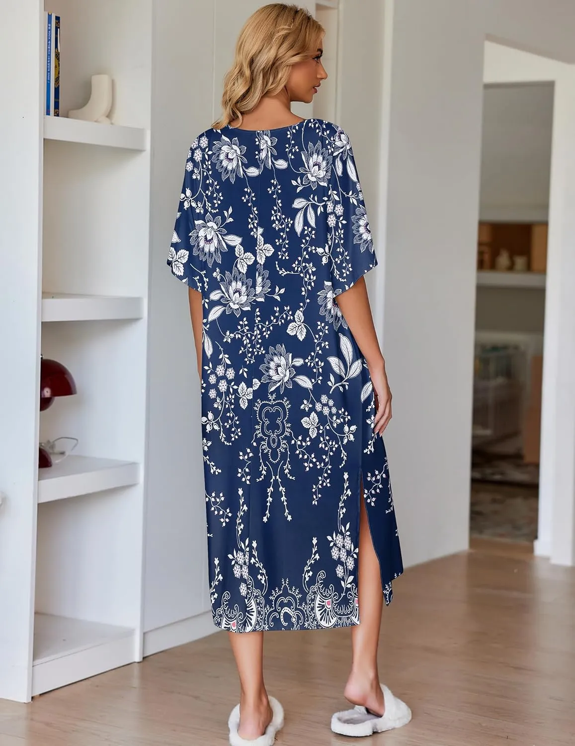 Ekouaer Women's Nightgown Short Sleeve Sleepshirt Long Loungewear Casual Maxi Lounge Dress House Dresses with Pockets