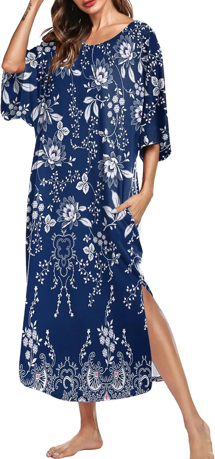 Ekouaer Women's Nightgown Short Sleeve Sleepshirt Long Loungewear Casual Maxi Lounge Dress House Dresses with Pockets