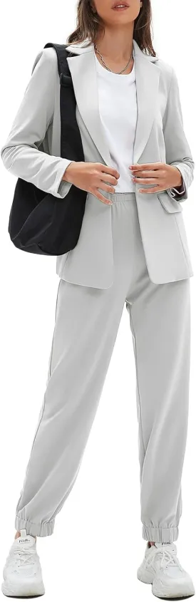 EXLURA Women's Business One Button Blazer Jacket High Elastic Waist Pant Suit Set Casual Loose 2 Piece Suits Office Work