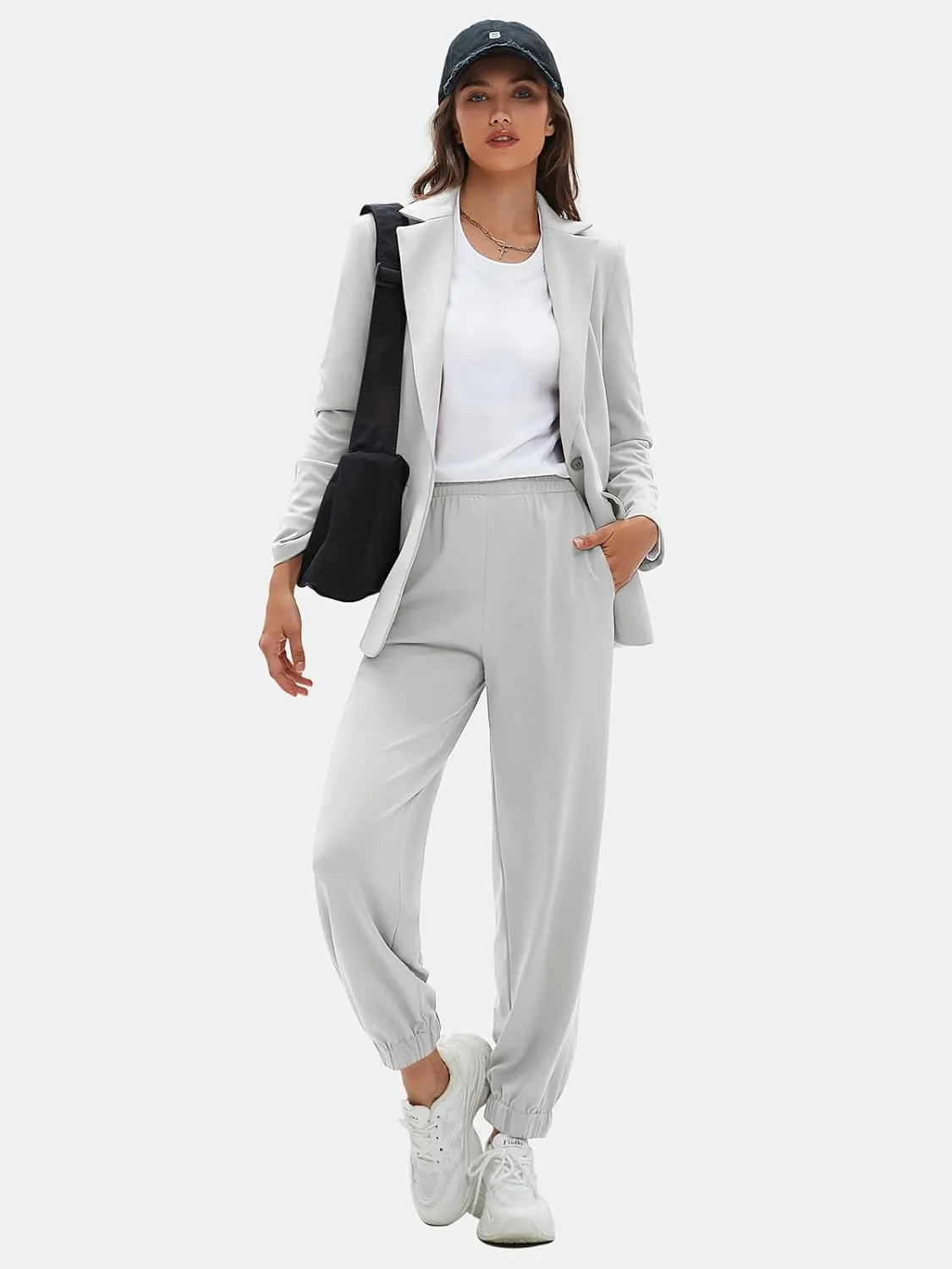 EXLURA Women's Business One Button Blazer Jacket High Elastic Waist Pant Suit Set Casual Loose 2 Piece Suits Office Work
