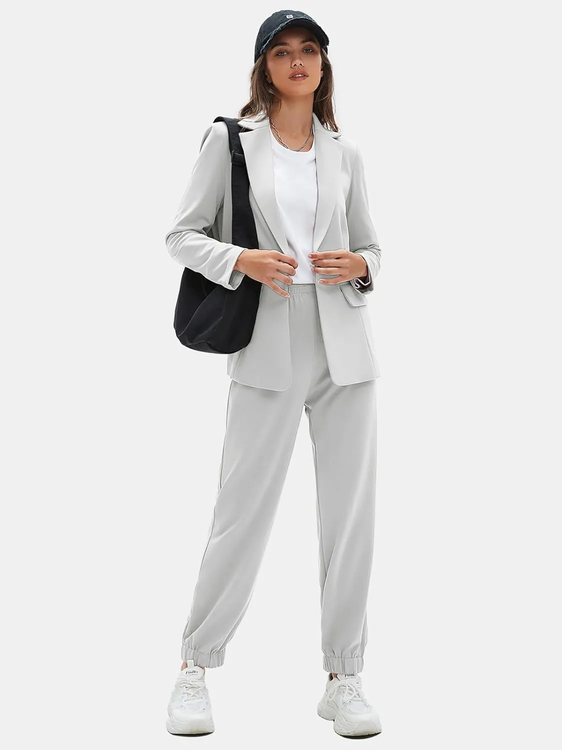 EXLURA Women's Business One Button Blazer Jacket High Elastic Waist Pant Suit Set Casual Loose 2 Piece Suits Office Work