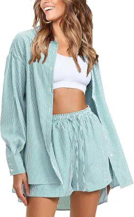 EXLURA Women's Summer 2 Piece Sets Long Sleeve Button Down Shirts Matching Short Sets Beach Vacation Cruise Outfits 2025