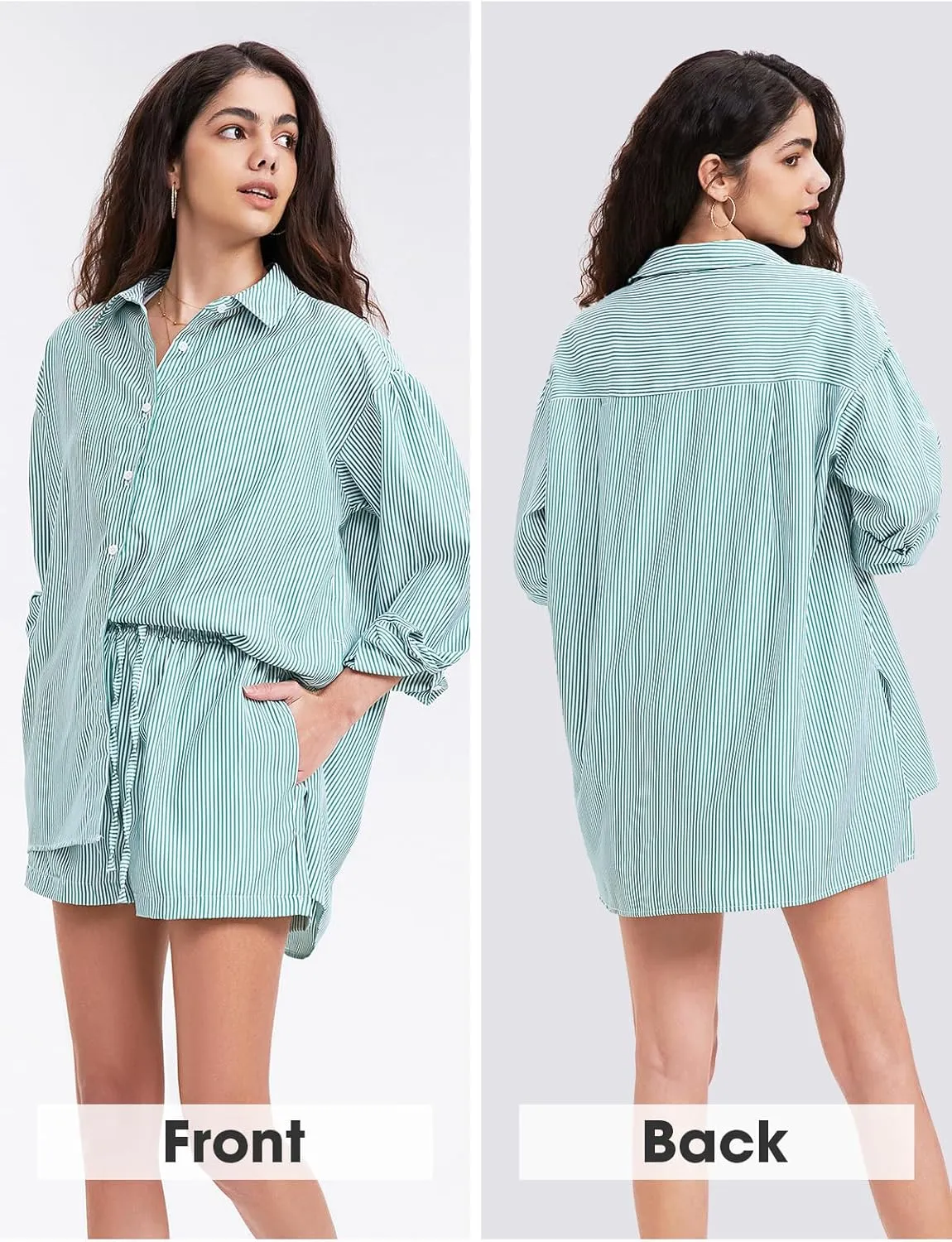 EXLURA Women's Summer 2 Piece Sets Long Sleeve Button Down Shirts Matching Short Sets Beach Vacation Cruise Outfits 2025
