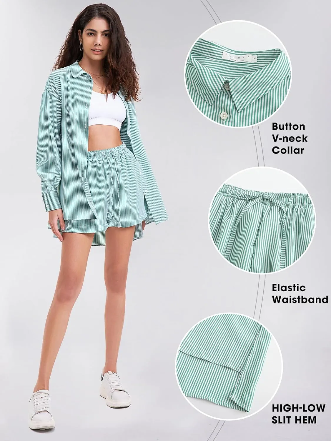 EXLURA Women's Summer 2 Piece Sets Long Sleeve Button Down Shirts Matching Short Sets Beach Vacation Cruise Outfits 2025