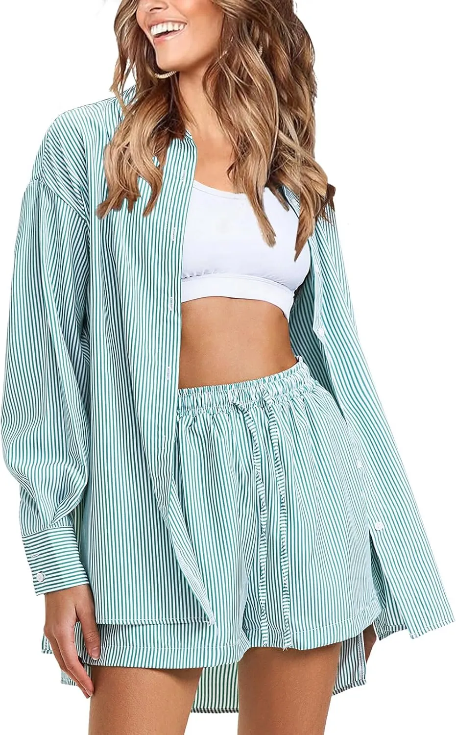 EXLURA Women's Summer 2 Piece Sets Long Sleeve Button Down Shirts Matching Short Sets Beach Vacation Cruise Outfits 2025