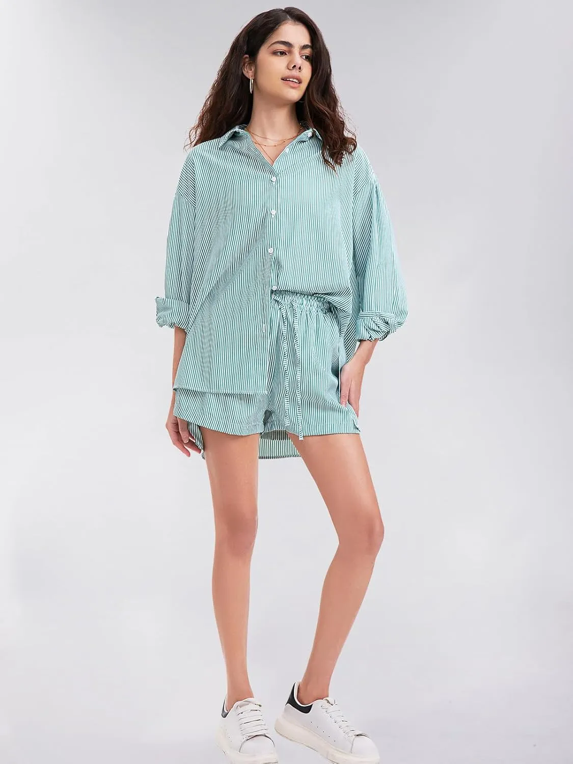 EXLURA Women's Summer 2 Piece Sets Long Sleeve Button Down Shirts Matching Short Sets Beach Vacation Cruise Outfits 2025