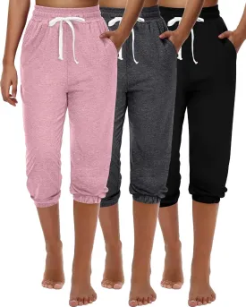 Ficerd 3 Pcs Women's Capri Sweatpants Joggers Summer Casual Sports Cropped Lounge Pants High Waisted Athletic with Pockets
