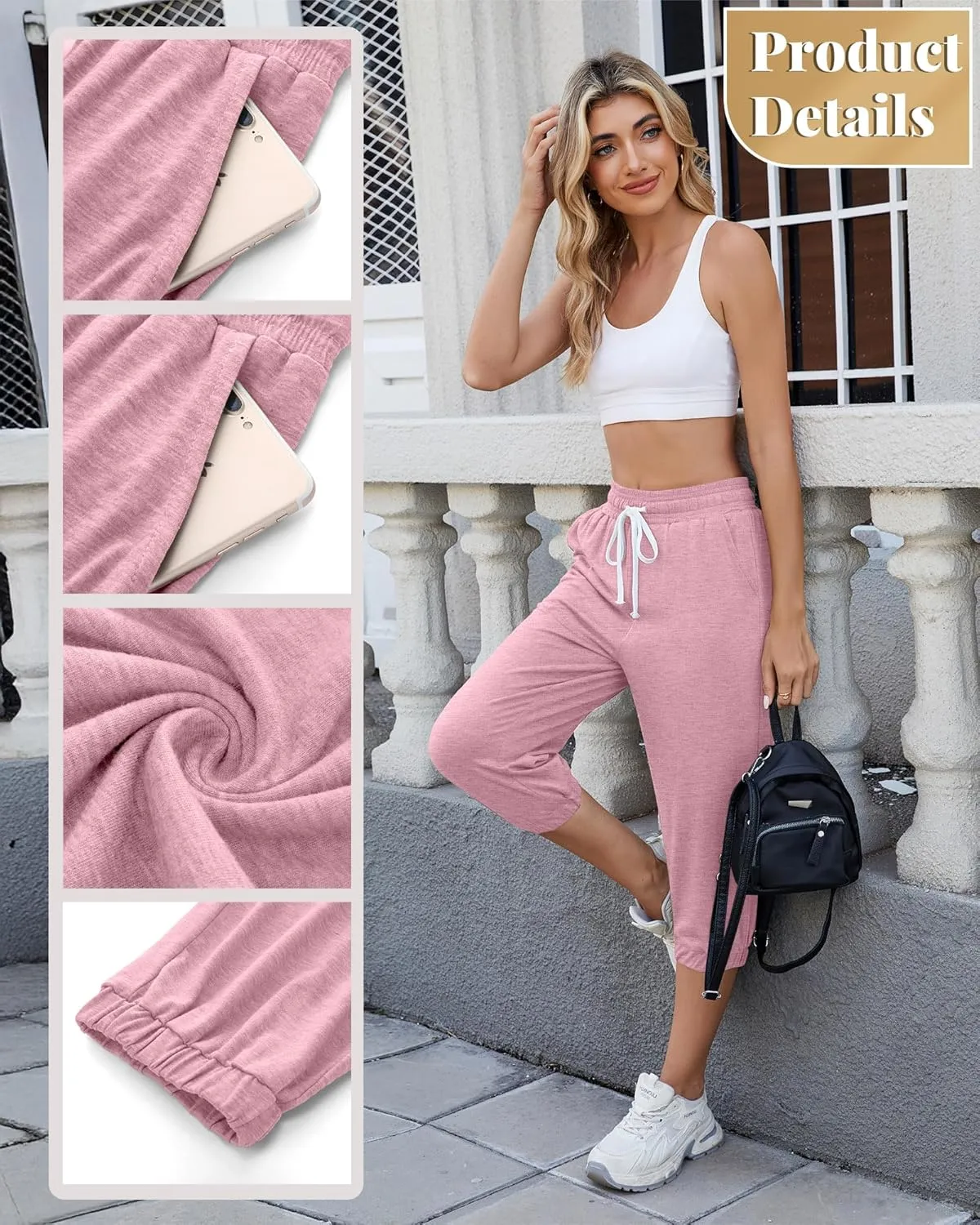 Ficerd 3 Pcs Women's Capri Sweatpants Joggers Summer Casual Sports Cropped Lounge Pants High Waisted Athletic with Pockets