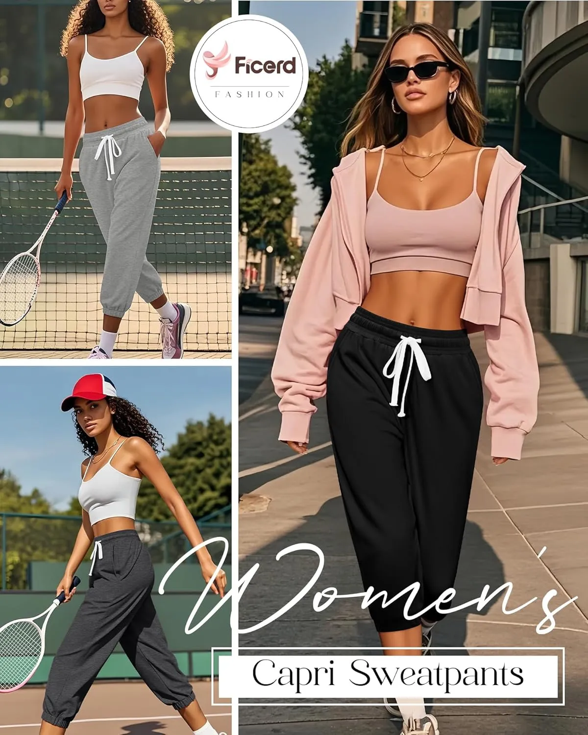 Ficerd 3 Pcs Women's Capri Sweatpants Joggers Summer Casual Sports Cropped Lounge Pants High Waisted Athletic with Pockets