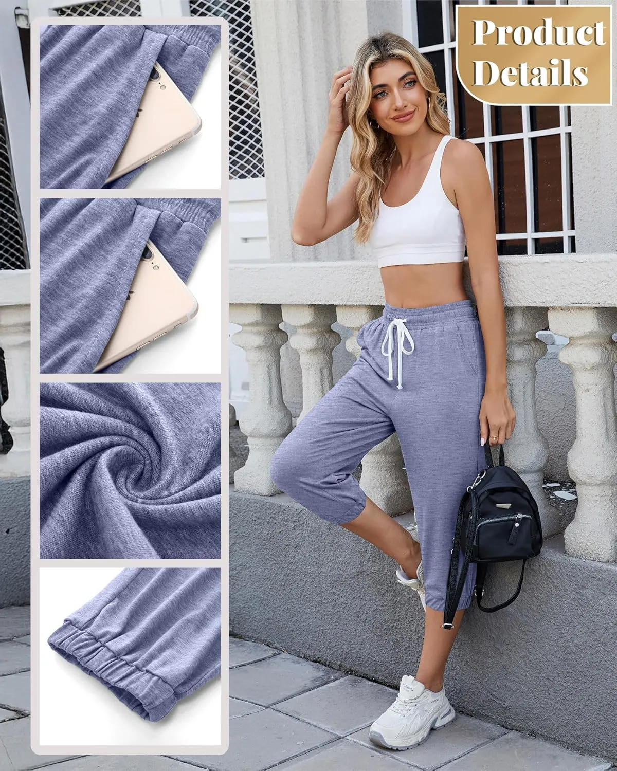 Ficerd 3 Pcs Women's Capri Sweatpants Joggers Summer Casual Sports Cropped Lounge Pants High Waisted Athletic with Pockets
