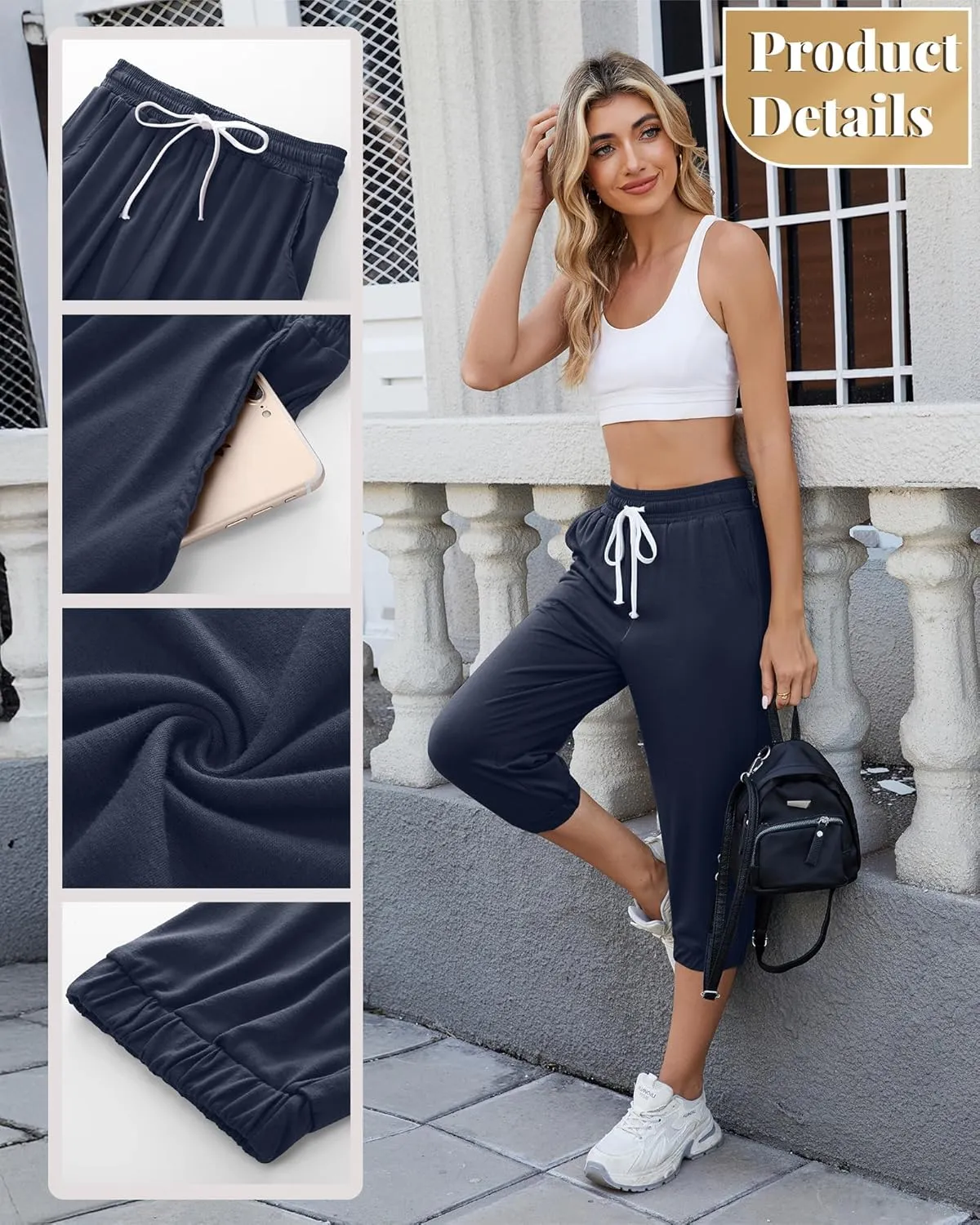 Ficerd 3 Pcs Women's Capri Sweatpants Joggers Summer Casual Sports Cropped Lounge Pants High Waisted Athletic with Pockets