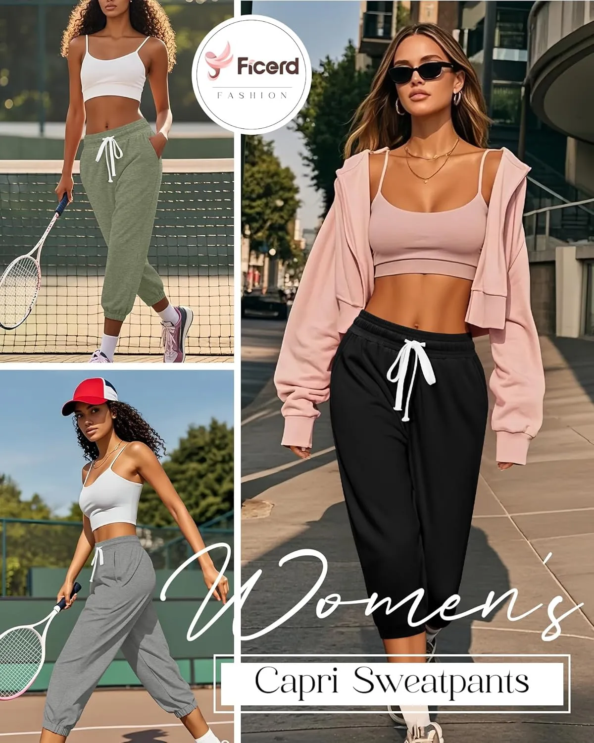Ficerd 3 Pcs Women's Capri Sweatpants Joggers Summer Casual Sports Cropped Lounge Pants High Waisted Athletic with Pockets
