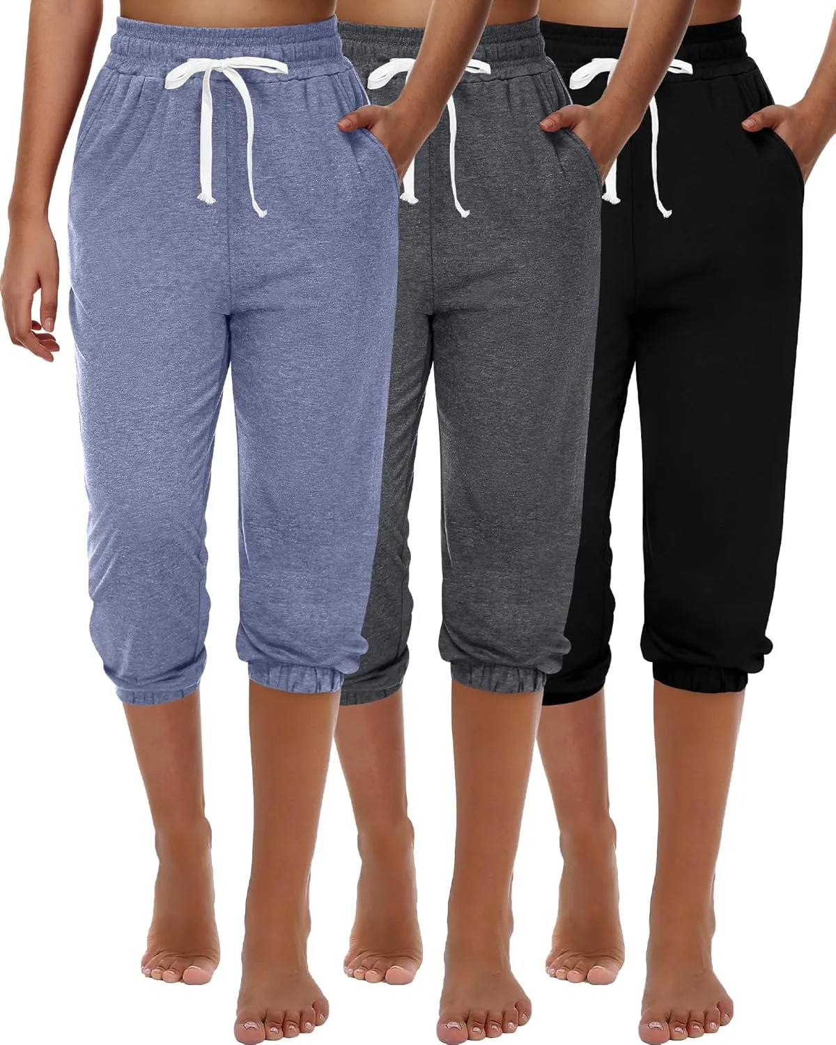 Ficerd 3 Pcs Women's Capri Sweatpants Joggers Summer Casual Sports Cropped Lounge Pants High Waisted Athletic with Pockets