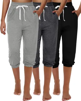 Ficerd 3 Pcs Women's Capri Sweatpants Joggers Summer Casual Sports Cropped Lounge Pants High Waisted Athletic with Pockets